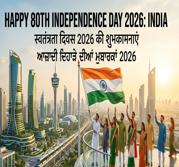 A patriotic graphic displaying Independence Day 2026 quotes written in Hindi, English, and Punjabi over a background of the Indian tricolor flag